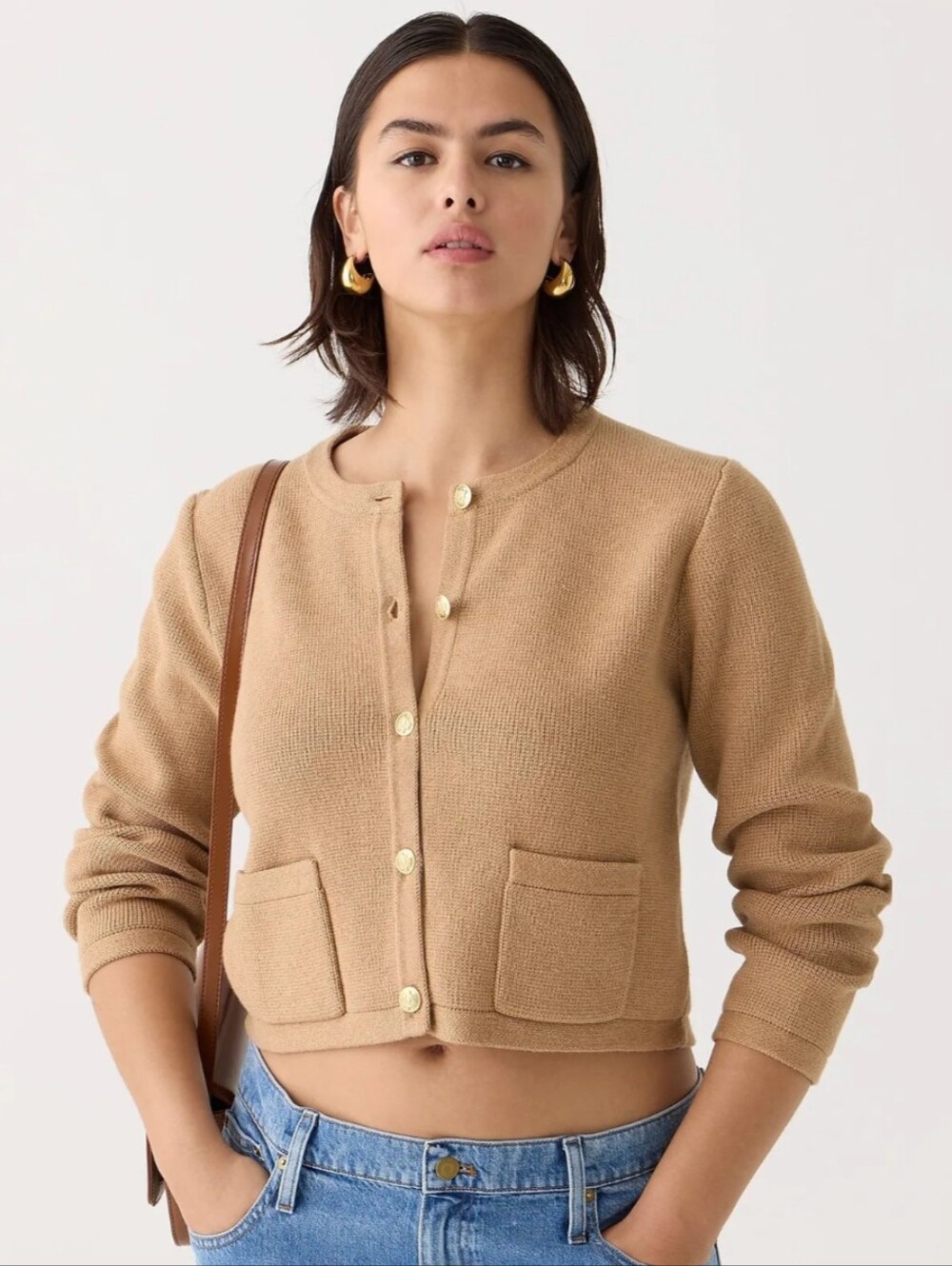 J.Crew Emilie Sweater Lady Jacket Camel Tan Gold Button Cardigan XS LIKE NEW
